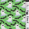 Tela de Halloween con fantasmas y murciélagos danzantes sobre fondo verde, 100 % algodón