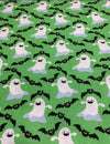 Tela de Halloween con fantasmas y murciélagos danzantes sobre fondo verde, 100 % algodón