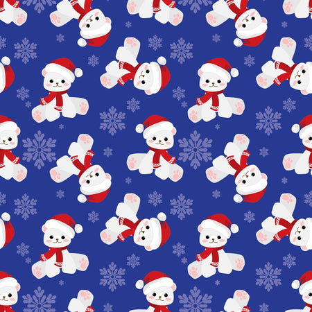 Christmas Teddy Bears and Snowflakes on Blue 100% Cotton Fabric