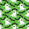 Tela de Halloween con fantasmas y murciélagos danzantes sobre fondo verde, 100 % algodón