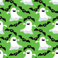 Tela de Halloween con fantasmas y murciélagos danzantes sobre fondo verde, 100 % algodón