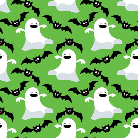Tela de Halloween con fantasmas y murciélagos danzantes sobre fondo verde, 100 % algodón