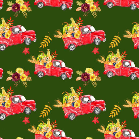 Red Truck with Harvest Haul on Green 100% Cotton Fabric