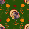 Tela de algodón 100 % con motivos de pavo y calabazas de Acción de Gracias sobre fondo verde otoñal