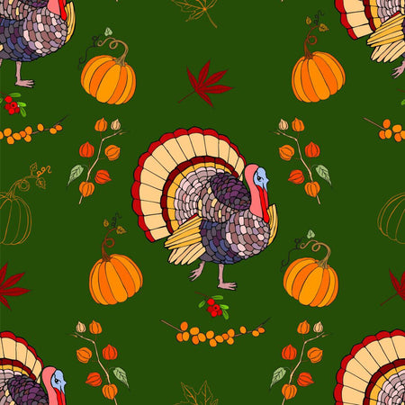 Tela de algodón 100 % con motivos de pavo y calabazas de Acción de Gracias sobre fondo verde otoñal
