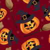 Calabazas de Halloween y escobas de bruja sobre fondo rojo, 100 % algodón