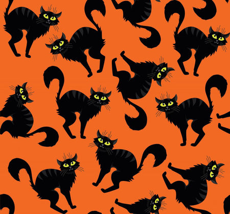 Tela de Halloween con gatos negros espeluznantes sobre fondo naranja, 100 % algodón